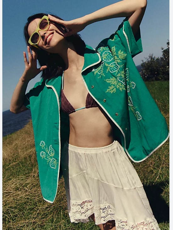 Free People Other - FreePeople WeThe Free Strawberry Shirt Green Combo Embroidered Linen Button Down
